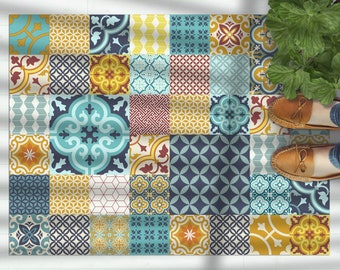 Moroccan tiles floor mat, pvc kitchen rug, Linoleum area rug, colourful rug, Oriental design, Decorative carpet, Ethnic style rug, Geometric