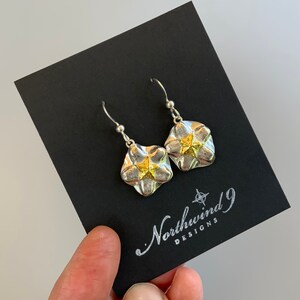 Pu&ograve; includere: Orecchini pendenti in argento con un ciondolo a forma di stella dorata. Gli orecchini sono su una carta nera con il testo "Northwind 9 Designs".