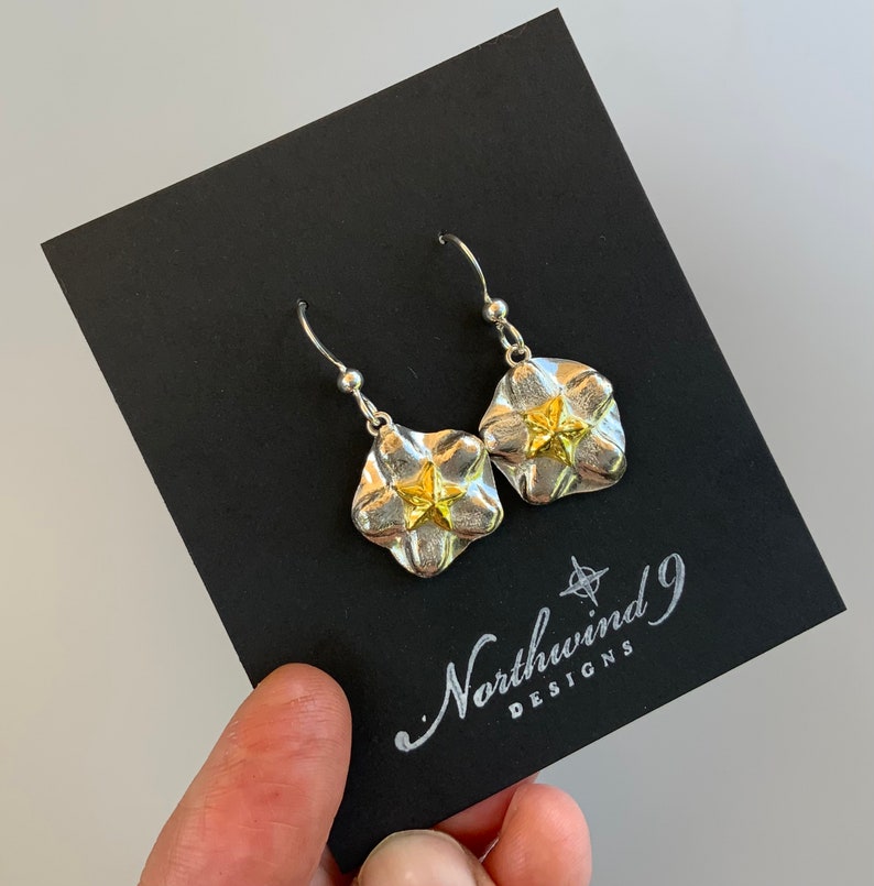 Pu&ograve; includere: Orecchini pendenti in argento con un ciondolo a forma di stella dorata. Gli orecchini sono su una carta nera con il testo "Northwind 9 Designs".