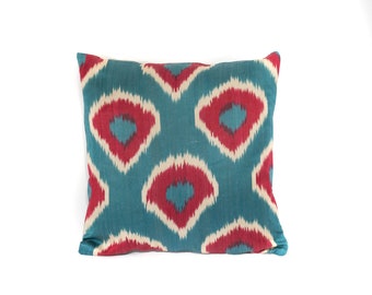 Ikat Patterned Silk Pillow/ Handmade Ikat Pillow Cover/ Handmade Pillow/ Blue Red Ikat Pattern Pillow/ Handmade Ikat Pattern Pillow Cover