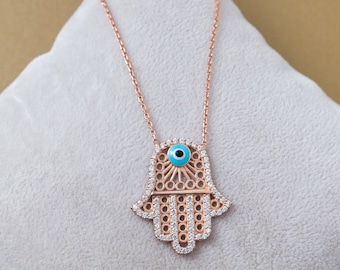 Handmade Hamsa Fatima 925 Sterling Silver/Free Shipping USA only/  Rose Gold Color Necklace / 925 Sterling Silver Evil Eye Gemstone
