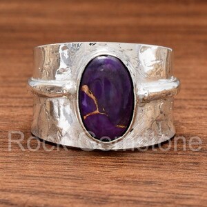 925 Sterling Silver Purple Turquoise Ring Wide Band Handmade Statement Jewelry Gift