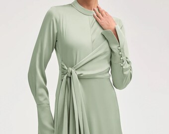 Satin Side Tie Maxi Dress - Sage | Tzinut Fashion | Modest Gown | Shabbat outfits | Custom made available | More colours available