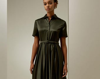 Elegant Dark Green Satin Dress|Modest Satin Dress for Special Occasions |  Modest fashion |  custom made available | Midi satin modest dress