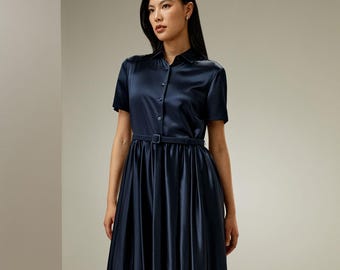 Elegant Navy Satin Dress | Modest Satin Dress for Special Occasions |  Modest fashion |  custom made available  | Midi satin modest dress