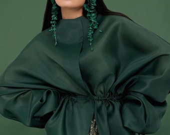 Organza blouse Emerald Green  | Can be lined  | modest top |Business style blouse | Minimalist design | Custom made available