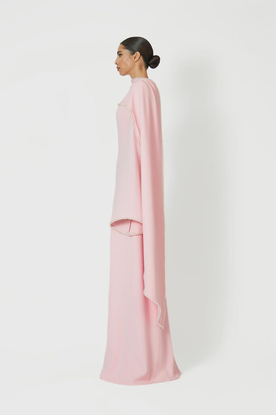 Piroska Blue Pearl Trim Shawl Detail Maxi Dress