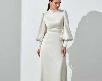 Satin hight neck gown| Tzinut Fashion | Modest Gown | Shabbat outfits | Custom made available | More colours available| Mother of Bride