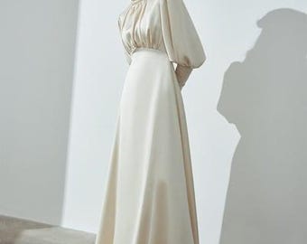 Satin hight neck gown| Tzinut Fashion | Modest Gown | Shabbat outfits | Custom made available | More colours available| Mother of Bride