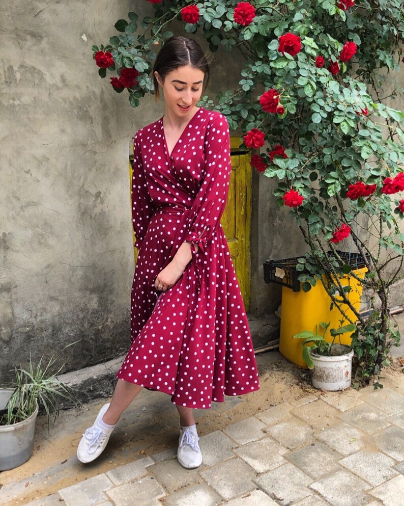 burgundy polka dot dress