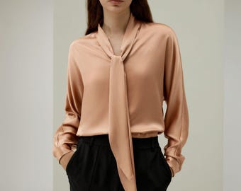 Chic Bat Sleeve satin Top with Adjustable Neck Tie | Modest Fashion | Elegant business outfits| shabbat outfits|custom made available