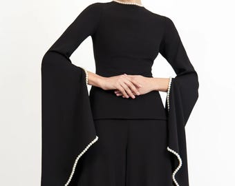 Pearl trimm blouse  - Black | Tzinut Fashion | Modest Gown | Shabbat outfits | Custom made available | More colors available