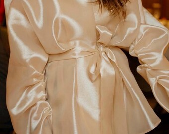 Champagne Satin Wrap Mini Dress, Statement Sleeves, Evening Outfit