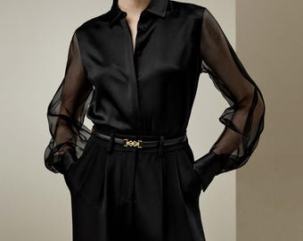 Sheer sleeves satin blouse |Modest fashion | Tzinut outfits| Stylish casual Sabbat Clothing |luxurious Fabrics | Custom made options