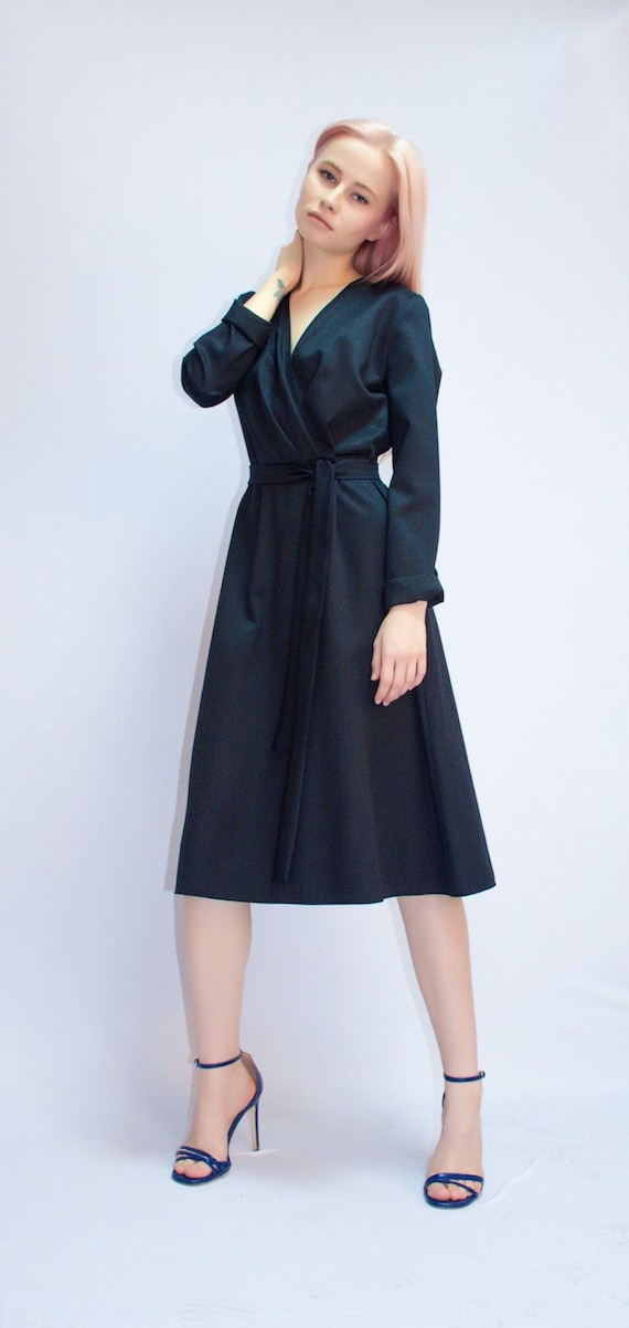 black wrap midi dress
