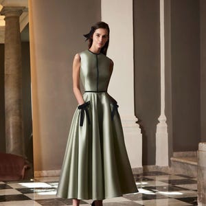 sage green modest dress Berylove Women Bridesmaid Satin A Line Long Sleeve Round Neck Maxi Wedding Guest Dress Adha Green Elegant Long Sleeve Woven Fabric Plain A Line Non Modest Plus Size Dusty Sage
