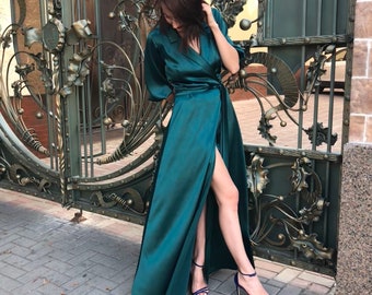 Emerald green silk satin evening gown. Wrap long dress. Satin cocktail dress. Stylish celebrity style evening gown. More colours available