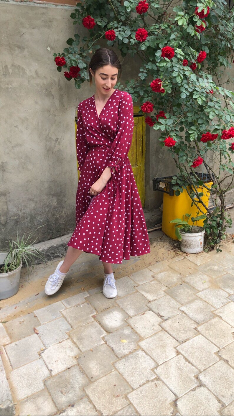 polka dot burgundy dress