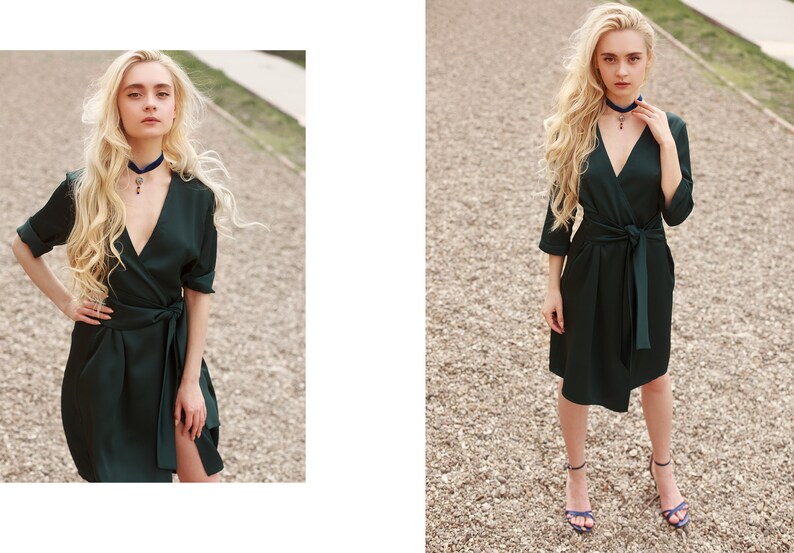 dark green satin wrap dress