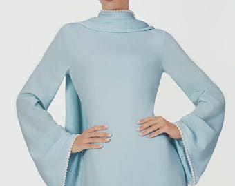 A-line pearl trimm Maxi Dress -  Baby Blue | Tzinut Fashion | Modest Gown | Shabbat outfits | Custom made available | More colours available