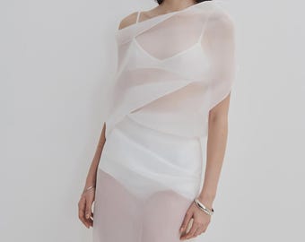 Asymmetric Organza Top in White