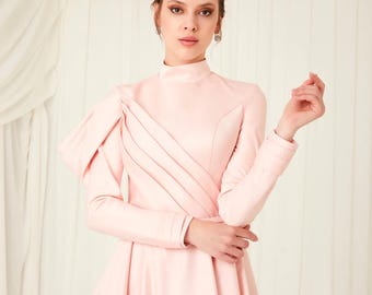 Drapped sleeve midi Gown | Modest Taffeta Dress for Special Occasions |  Modest fashion |  custom made available  | Taffeta modest gown