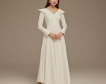 White Wide Neck Long Sleeve Midi Dress | Modest Gown | Shabbat outfits | Custom made available | More colours available| Mother of Bride