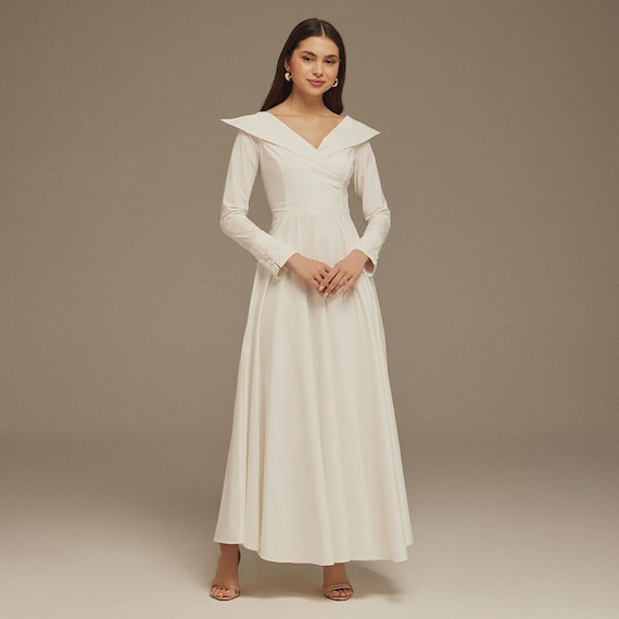 fitted lace wedding dress Lenore Modest Midi in Cream – A Closet Full of Dresses main image 1