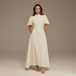 Short Puffy Sleeve Midi Crepe Dress| Tzinut Fashion | Modest Gown | Shabbat outfits | Custom made available | More colours available