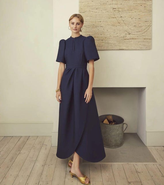 knee length dresses for ladies Modest Satin Dress | Gold Champagne | XL - 60 | Buttoned High Neckline, Long Sleeves, Pleats, Belt | Clothing main image 0