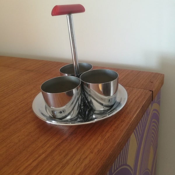 Vintage art deco 1930s chrome egg cups on tray with red bakelite handle. Repurpose Reuse