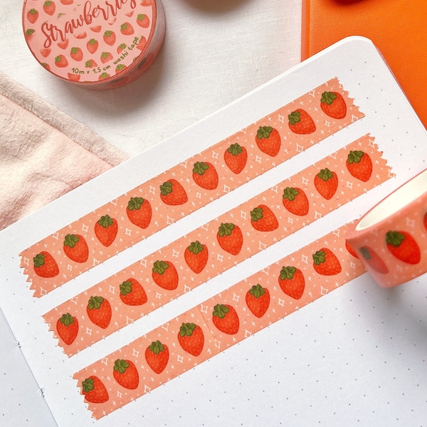 W008 - Strawberries Washi Tape - washitape - masking tape - fruit tape, colorful pattern, red peach strawberries, summer spring, adorable tape