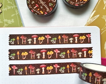 W004 - Forest Mushrooms Washi Tape - cinta de enmascaramiento washitape - colorida seta otoño naturaleza botánica washi cinta colores profundos neutros