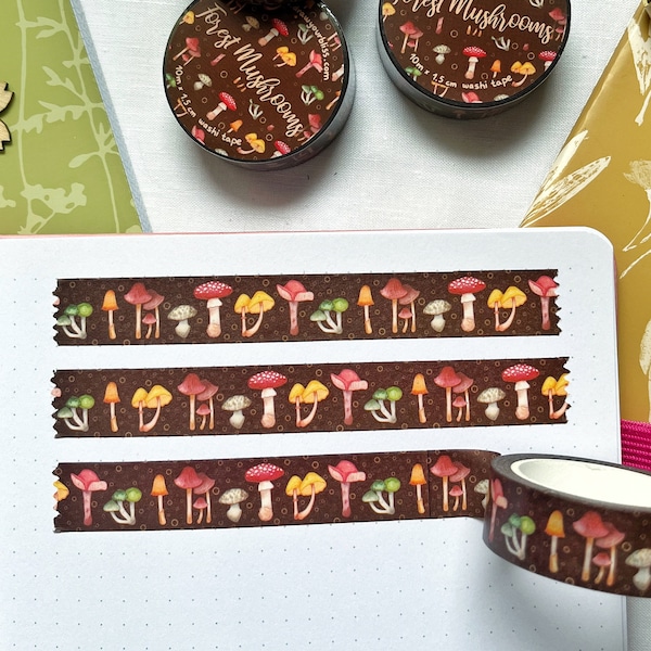 W004 – Waldpilze Washi Tape – Washitape-Klebeband – bunter Pilz, Herbst, Natur, botanisches Washi-Tape, tiefe Farben, neutral