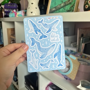 Feuilles d'autocollants de baleine bleue - Mammifère marin - Papeterie illustrée animaux de la mer - Autocollants pour journal, décoration