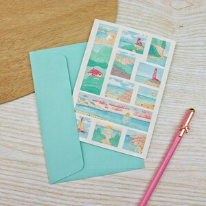 Carte de vœux de Paysages marins - Paysages de mer et de plage - Carte douce marine, phare, plage, bateau, montagnes, fleurs, aquarelle