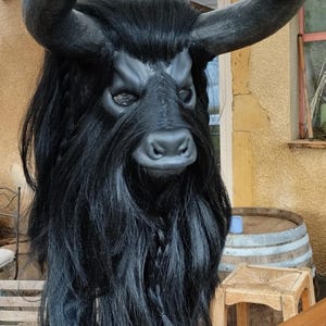 May include: A black bull mask with long, shaggy hair and horns. The mask is made of a hard material and has a realistic appearance.