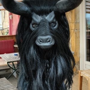 May include: A black bull mask with long, black hair and horns. The mask has a detailed face with a black nose and eyes.