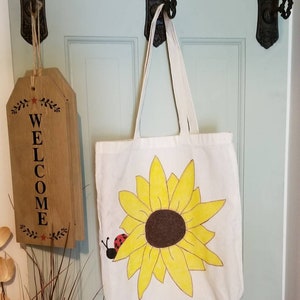 Handpainted Sunflower Ladybug Canvas Tote with Inspirational Bob Marley quote