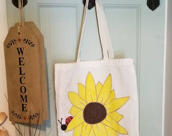 Handpainted Sunflower Ladybug Canvas Tote with Inspirational Bob Marley quote