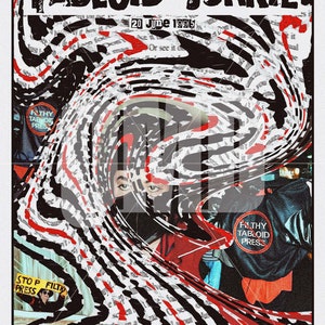 May include: A black and white poster with a red and white swirl design. The poster features a photo of Michael Jackson with the text "TABLOID JUNKIE" and "20 June 1995".