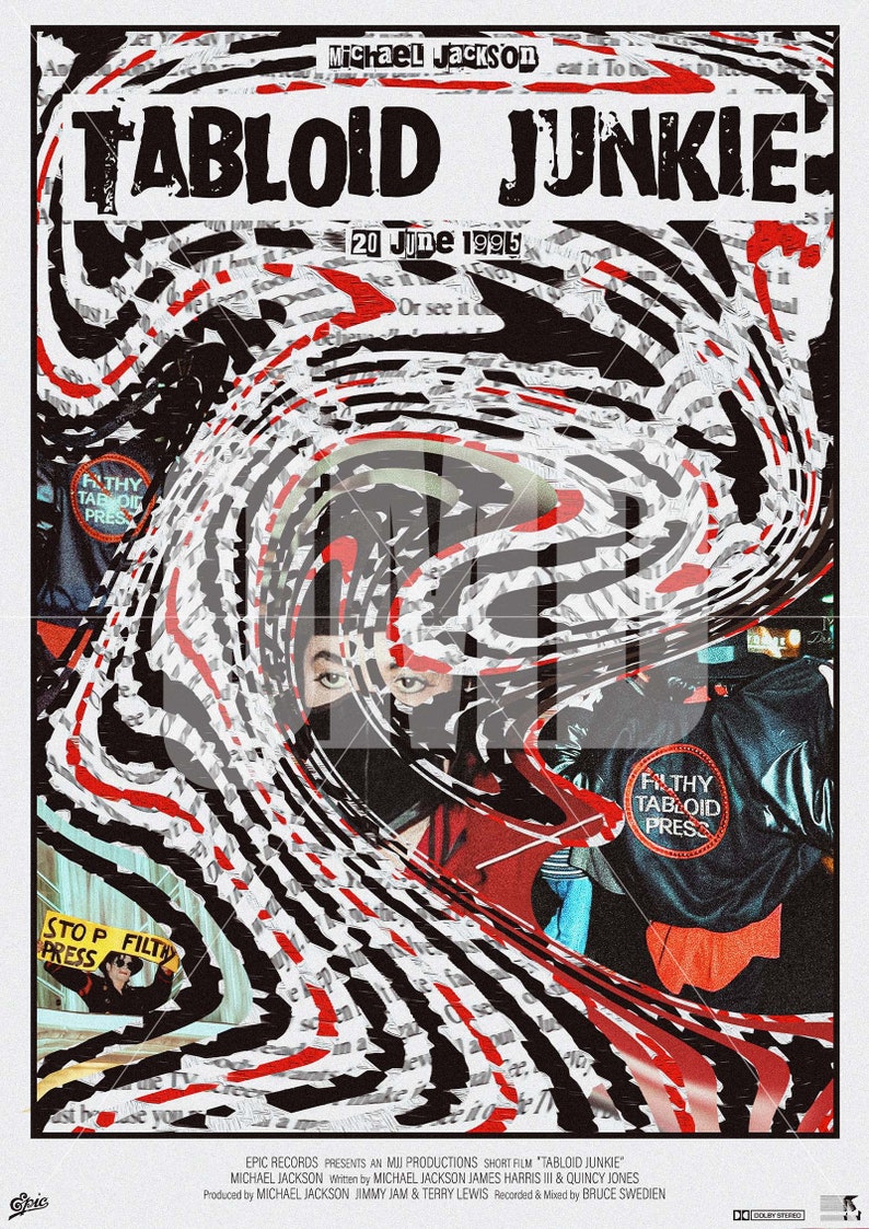 May include: A black and white poster with a red and white swirl design. The poster features a photo of Michael Jackson with the text "TABLOID JUNKIE" and "20 June 1995".