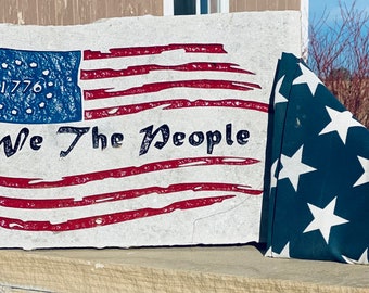 1776 Stone American Flag" “We the People” Landscape Stone - Engraved -Garden Stone - Yard Art - House Entry - Yard Décor - 10" x 16"