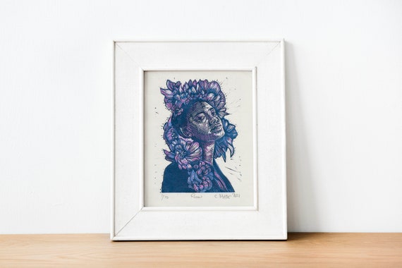 Renew hand carved and printed reduction lino print female figure with flowers home decor purple mindful limited edition unique artwork