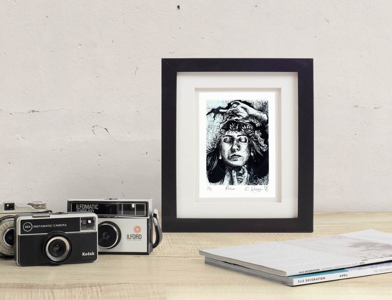 Unique small screen print female portrait fantasy illustration inktober limited edition fine artwork figurative gifts for her A5 print