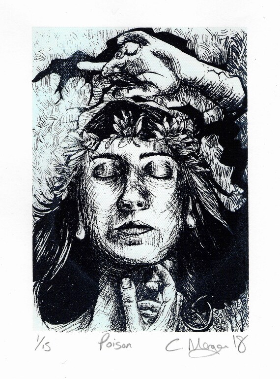 Unique small screen print female portrait fantasy illustration inktober limited edition fine artwork figurative gifts for her A5 print