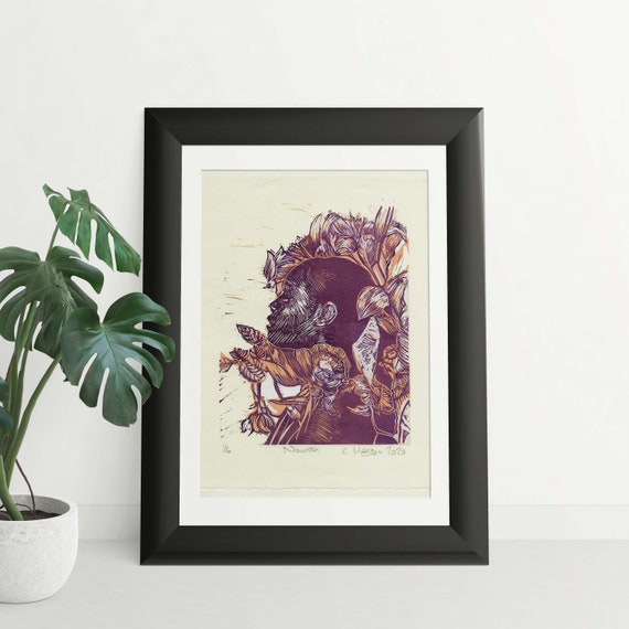 Nourish pink burgundy and orange female figure lino cut print with flowers peaceful artwork contemporary home decor