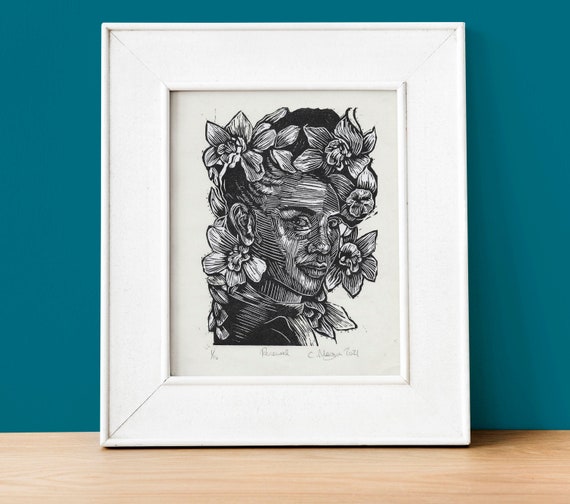 Renewal monochrome 1 layer lino cut print on Japanese paper, mindful portrait art with flowers, contemporary home decor art gift