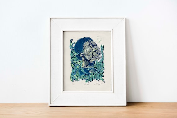 Inward hand carved reduction lino print profile portrait man with flowers home decor mindful limited edition unique wall art
