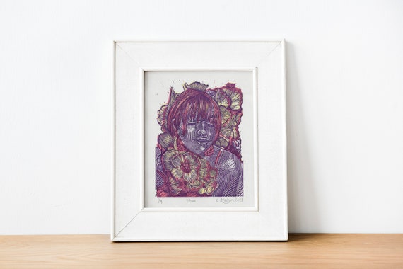 Muse hand carved reduction lino print female figure with flowers home decor purple yellow mindful limited edition unique artwork